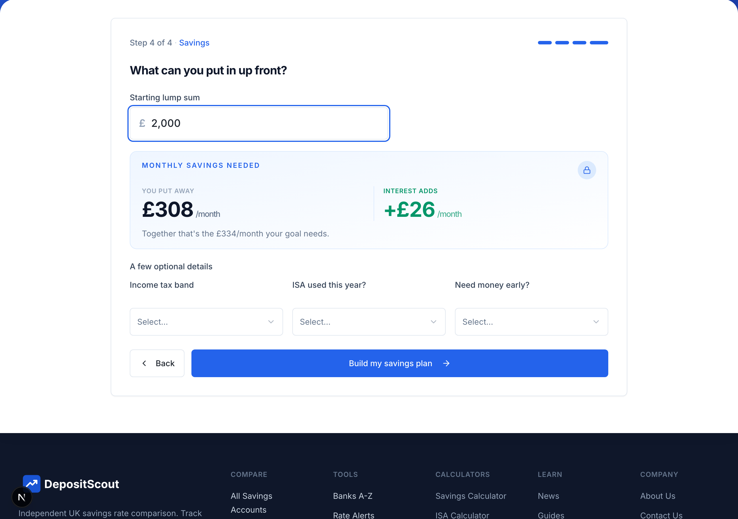 PlanScout step 4 entering a starting lump sum before building the savings plan