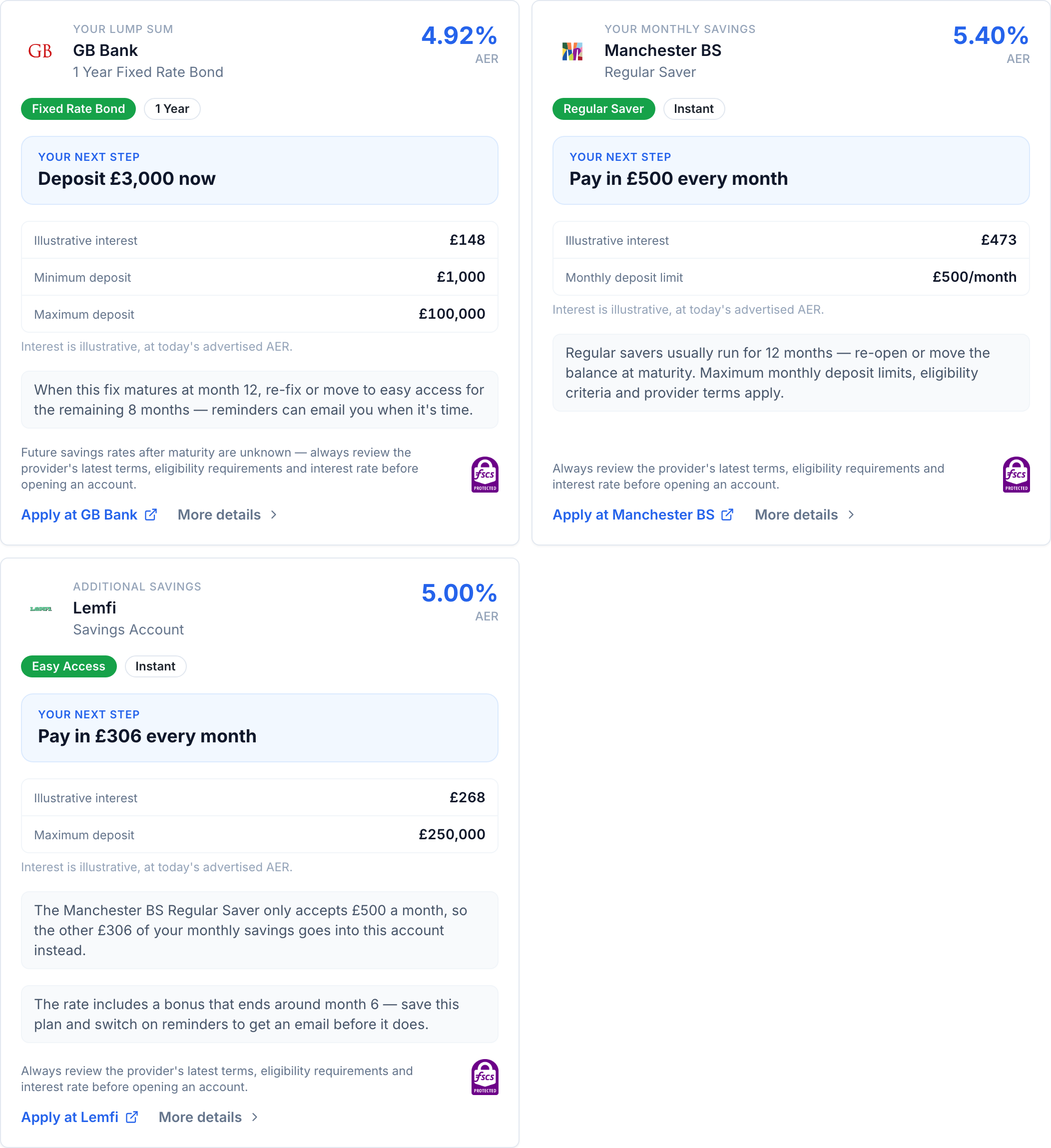 PlanScout's recommended accounts for a £20,000 wedding — a fixed-rate bond for the lump sum, a regular saver, and an easy-access account for the overflow, each showing FSCS protection