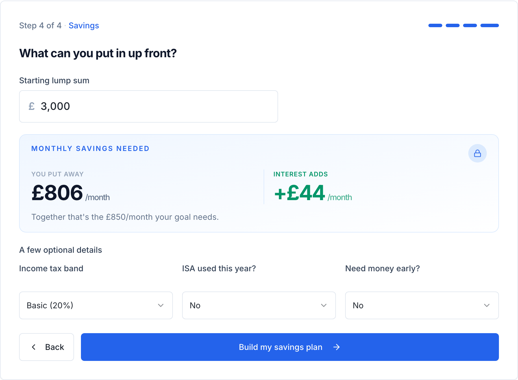 PlanScout showing the monthly saving needed for a £20,000 wedding — around £806 a month with interest covering the rest
